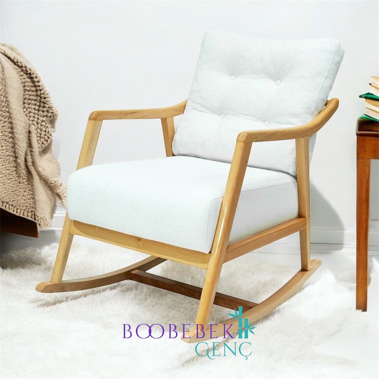 Rua El Yapımı Sallanır Ahşap Berjer, Beyaz