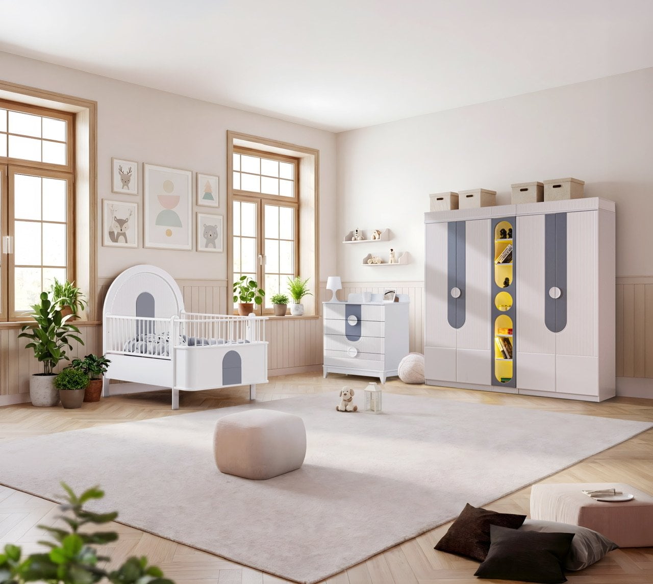 Myra 4 Kapılı Kitaplıklı Bebek Odası, Gri